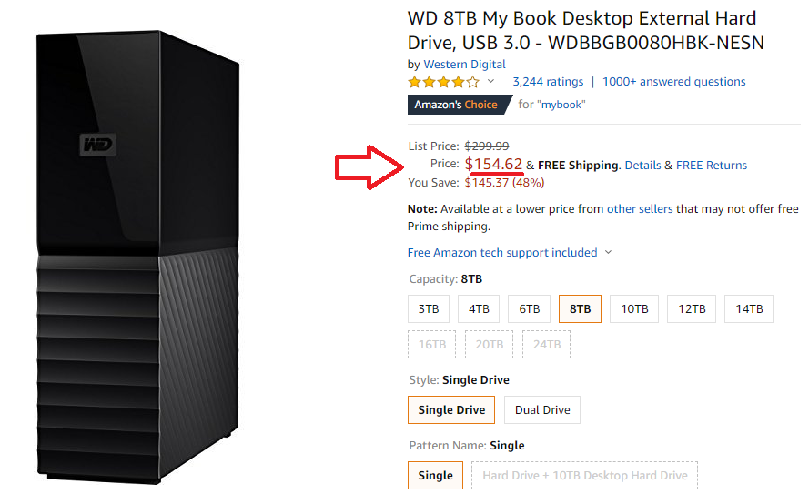Bestellung-Preis externer Festplatte Western Digital 8TB bei Amazon.com in den USA