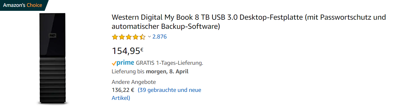 Bestellung-Preis externer Festplatte Western Digital 8TB bei Amazon.com in den USA