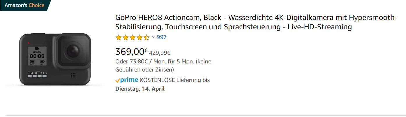  Bestellung-Preis Kamera GoPro Hero 8 Black bei amazon.de